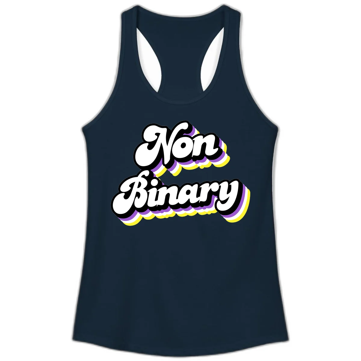 Non-binary pride cloud design with bold white lettering outlined in black and purple-yellow striped cloud shapes. in Solid Midnight Navy