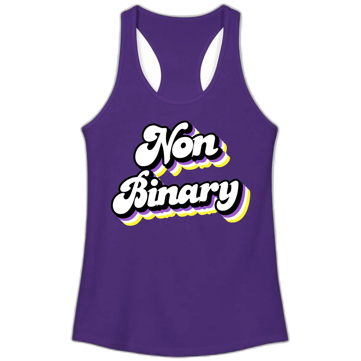 Non-binary pride cloud design with bold white lettering outlined in black and purple-yellow striped cloud shapes. in Solid Purple Rush