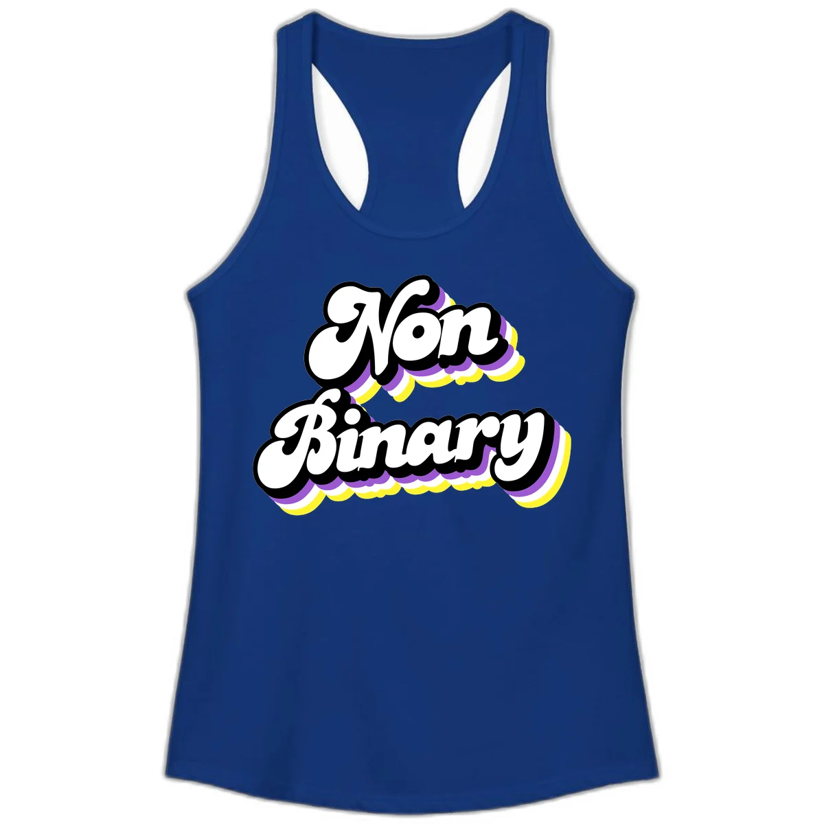 Non-binary pride cloud design with bold white lettering outlined in black and purple-yellow striped cloud shapes. in Solid Royal