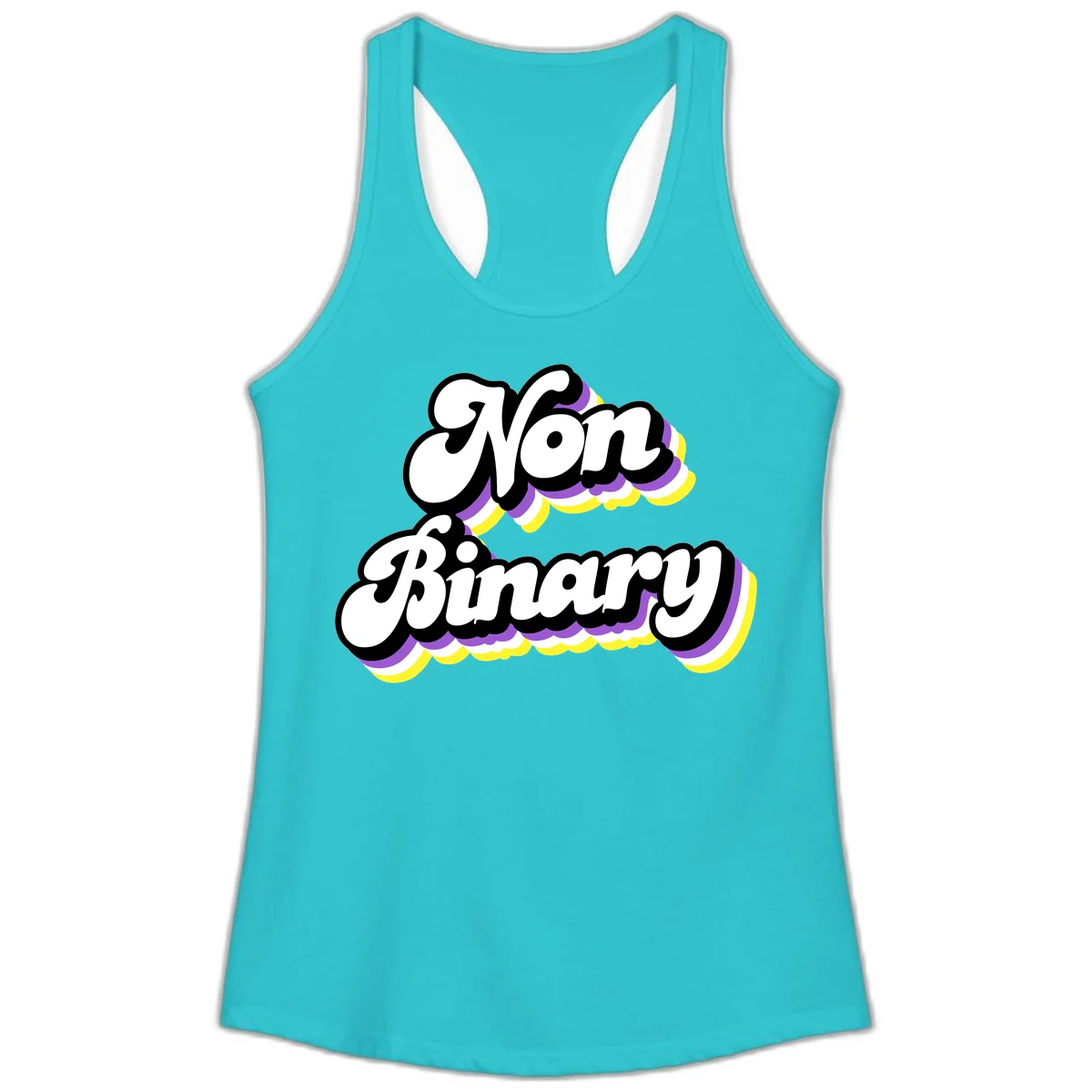 Non-binary pride cloud design with bold white lettering outlined in black and purple-yellow striped cloud shapes. in Solid Tahiti Blue