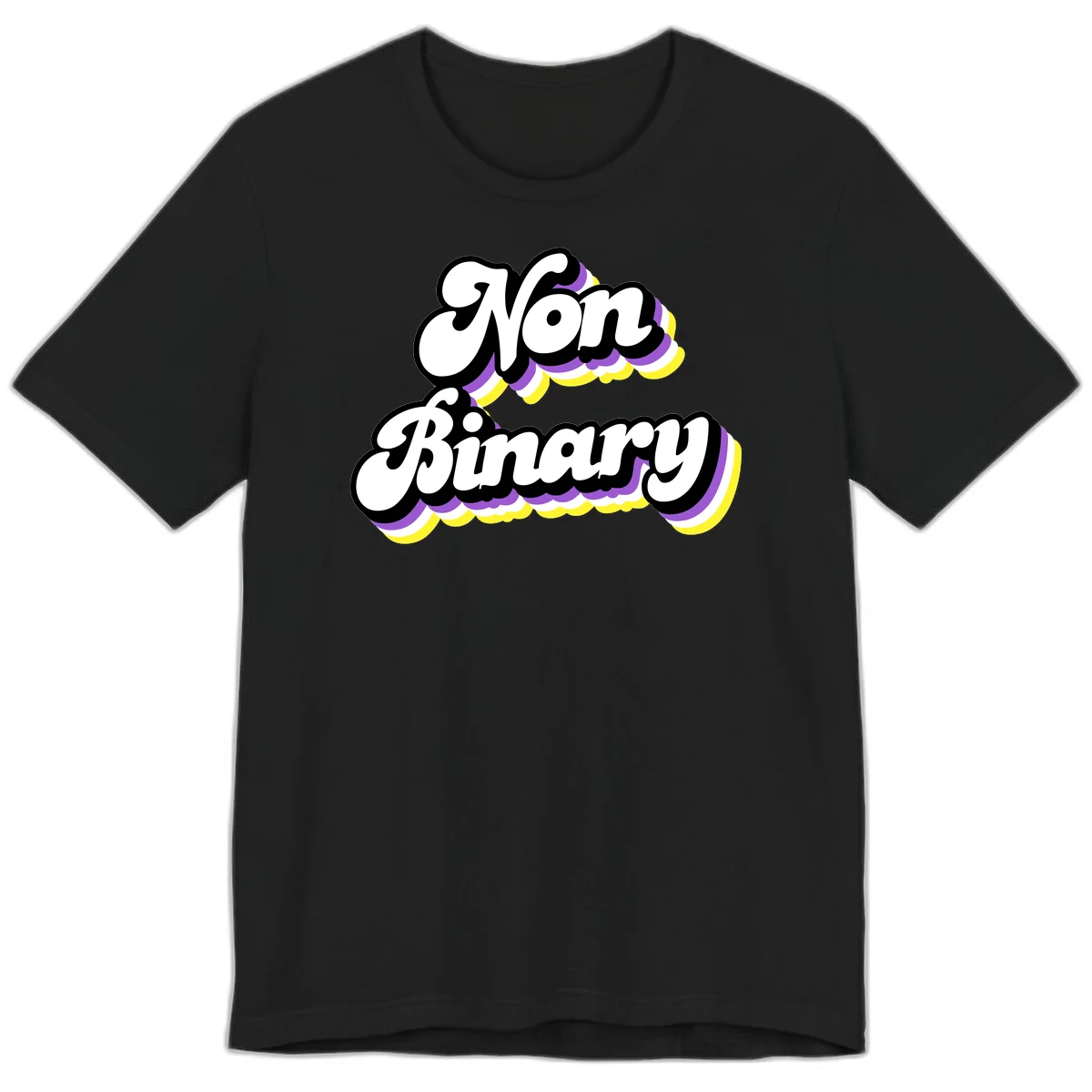 Non-binary pride cloud design with bold white lettering outlined in black and purple-yellow striped cloud shapes. in Black