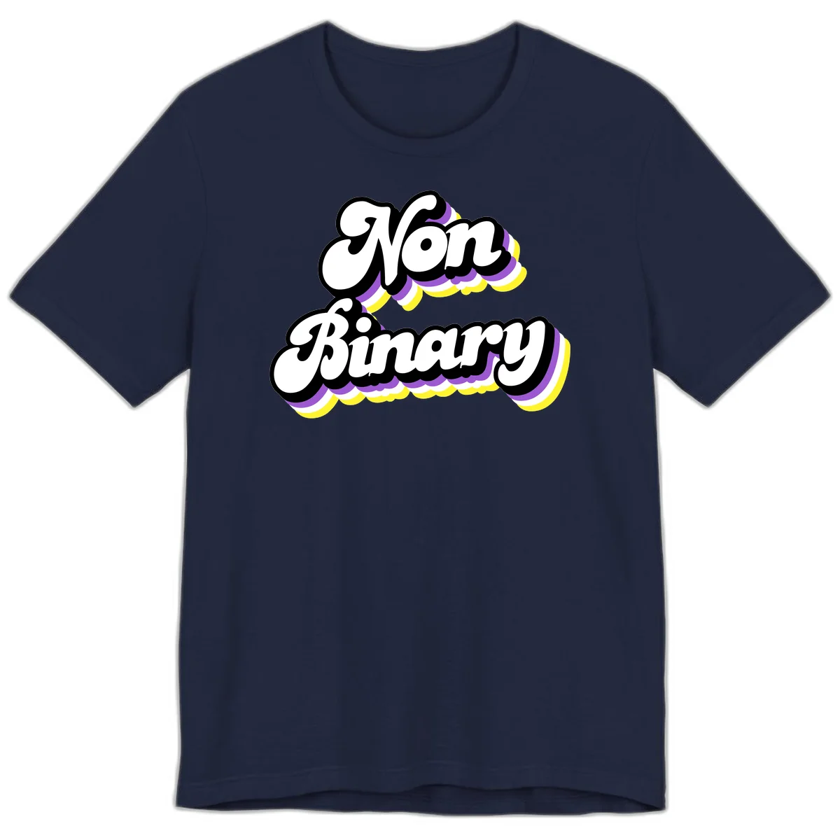 Non-binary pride cloud design with bold white lettering outlined in black and purple-yellow striped cloud shapes. in Navy
