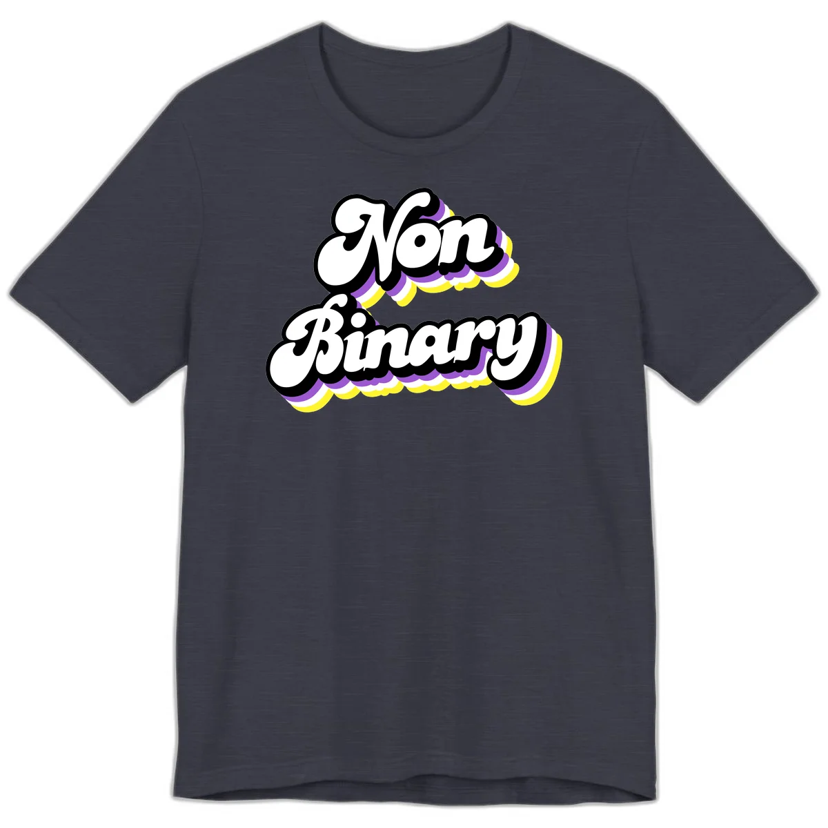 Non-binary pride cloud design with bold white lettering outlined in black and purple-yellow striped cloud shapes. in Heather Midnight Navy