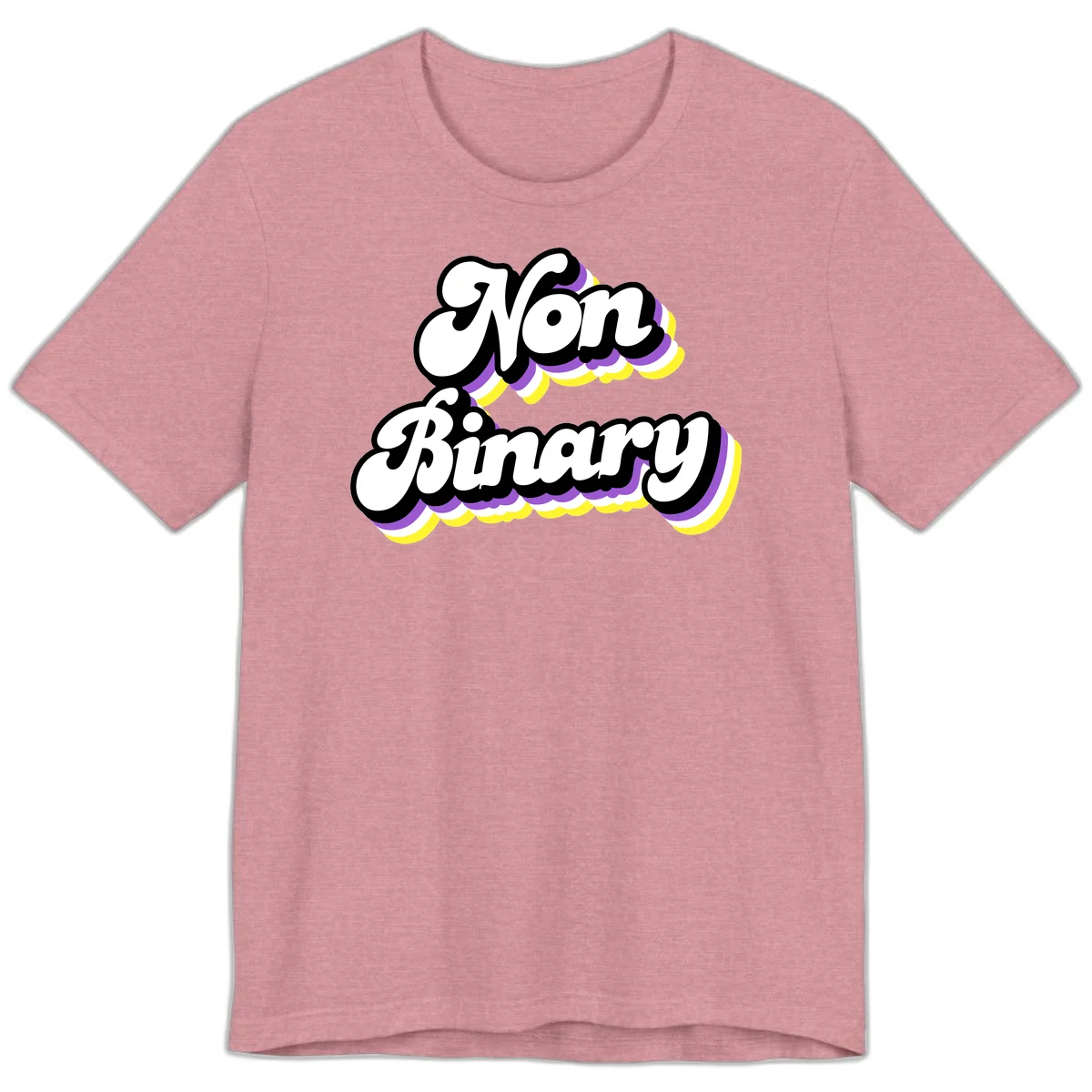 Non-binary pride cloud design with bold white lettering outlined in black and purple-yellow striped cloud shapes. in Heather Orchid