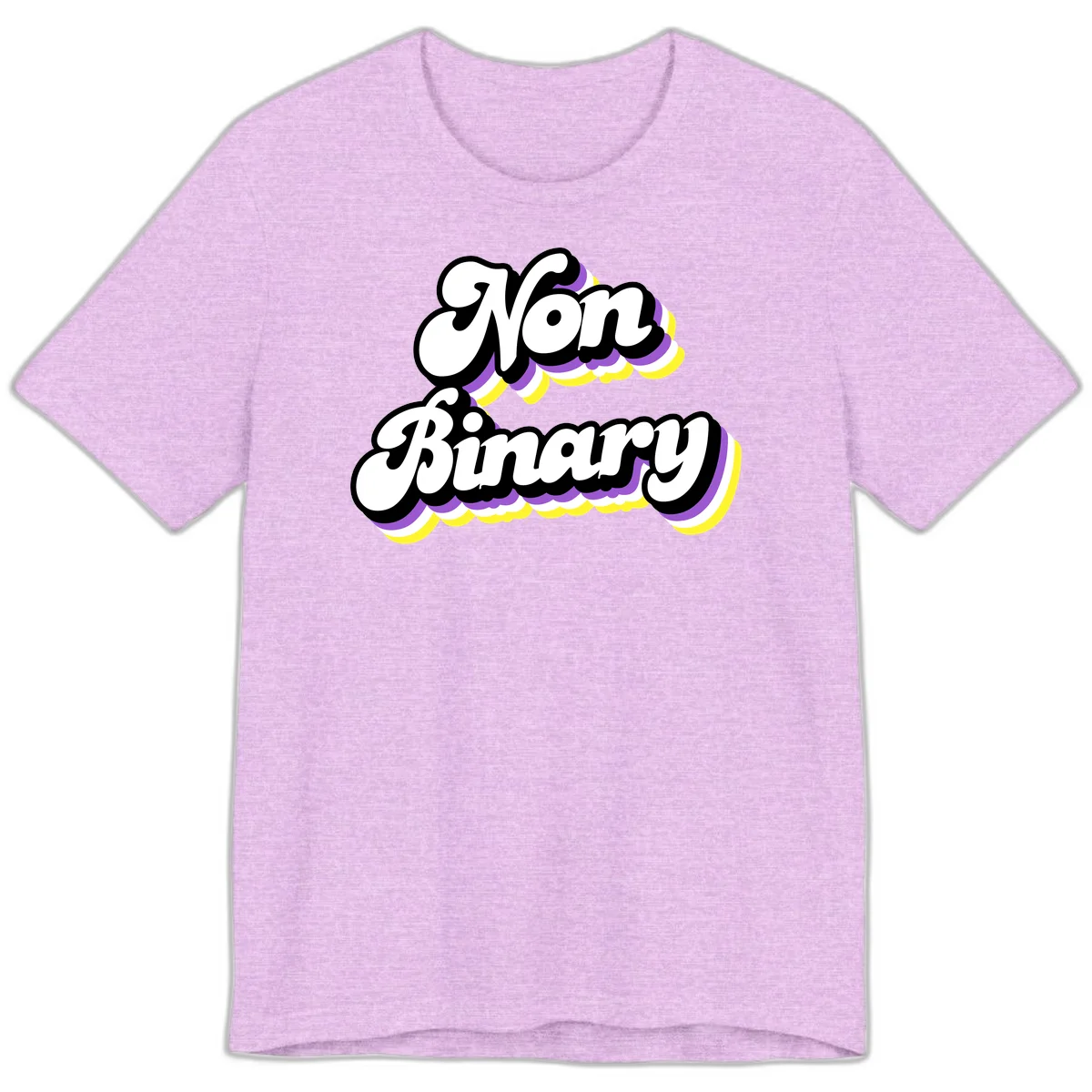 Non-binary pride cloud design with bold white lettering outlined in black and purple-yellow striped cloud shapes. in Heather Prism Lilac