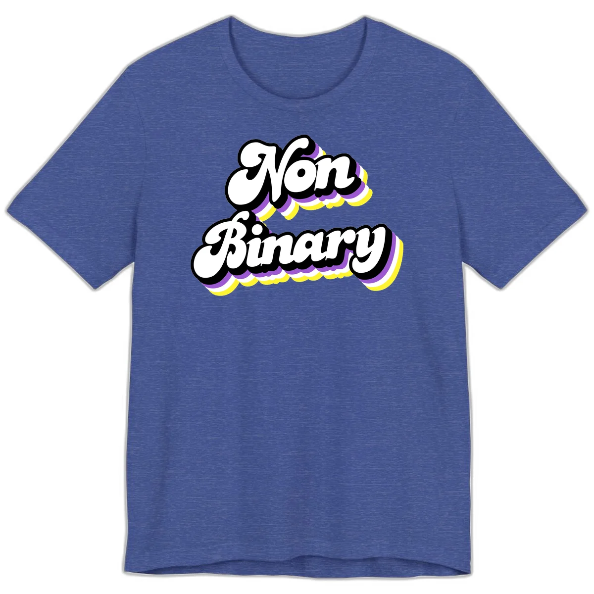 Non-binary pride cloud design with bold white lettering outlined in black and purple-yellow striped cloud shapes. in Heather True Royal