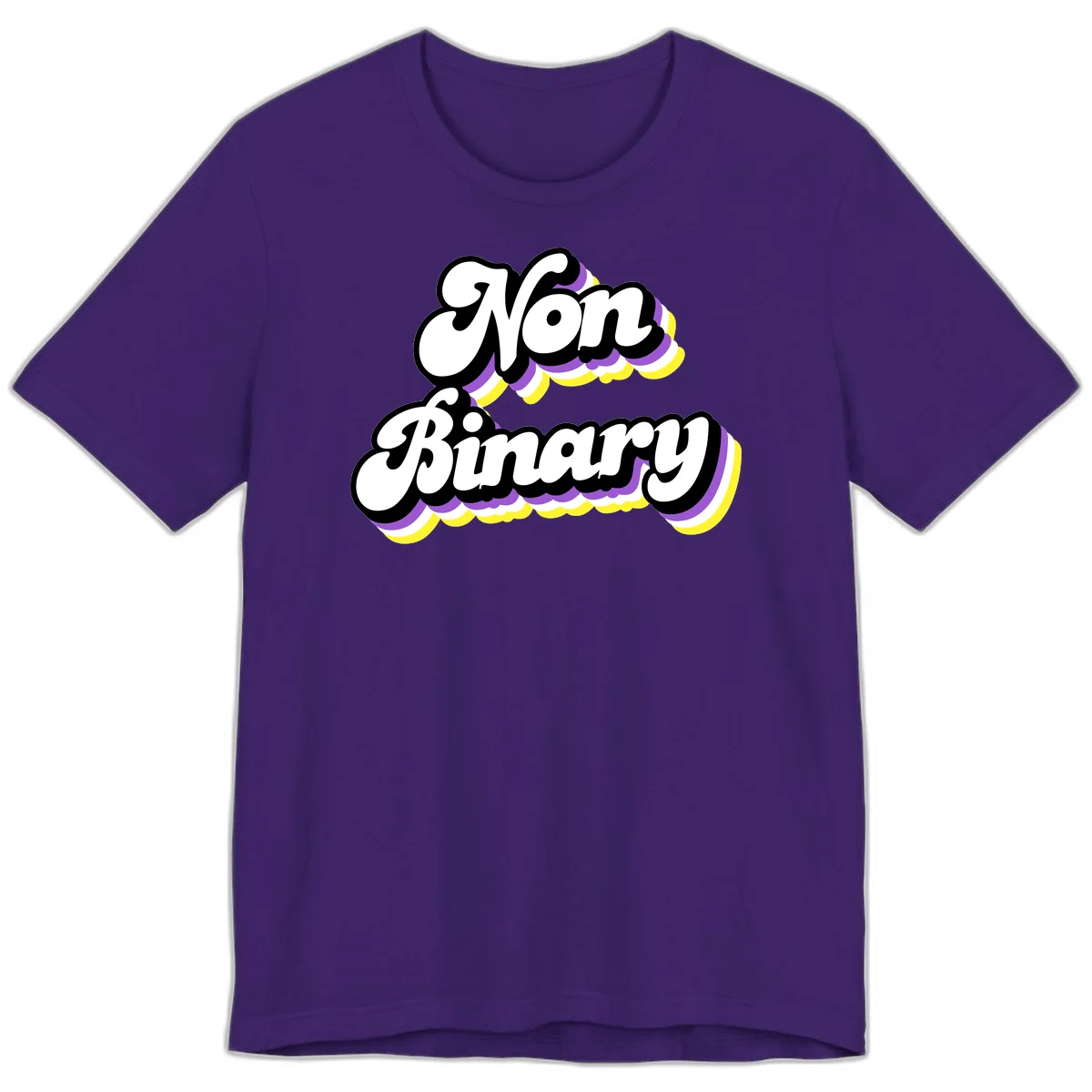 Non-binary pride cloud design with bold white lettering outlined in black and purple-yellow striped cloud shapes. in Team Purple