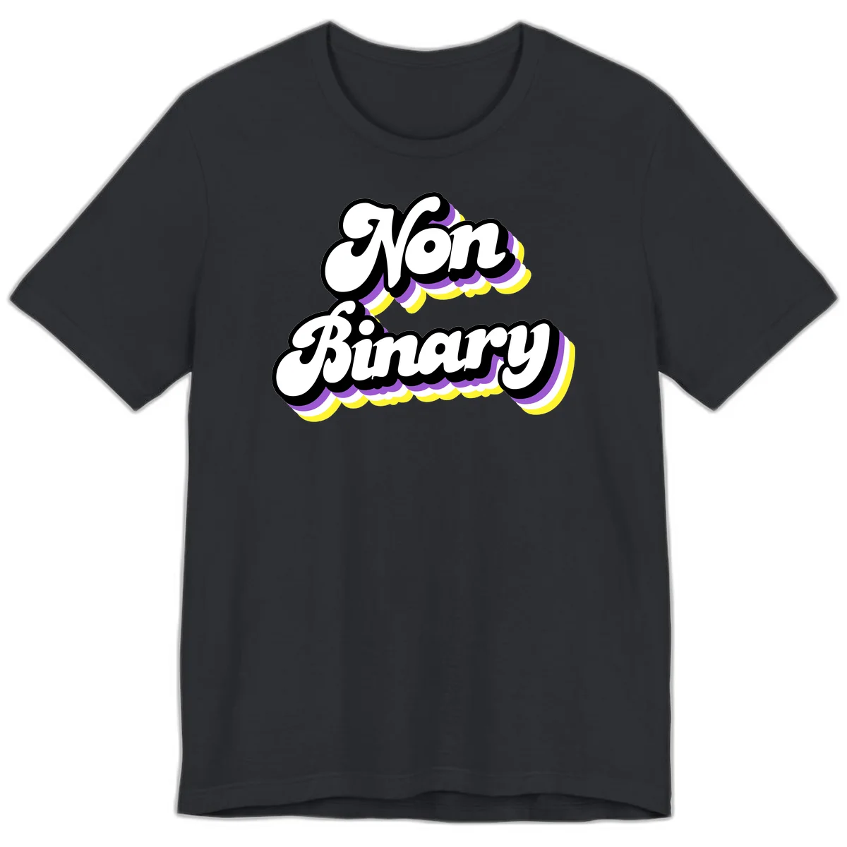 Non-binary pride cloud design with bold white lettering outlined in black and purple-yellow striped cloud shapes. in Vintage Black