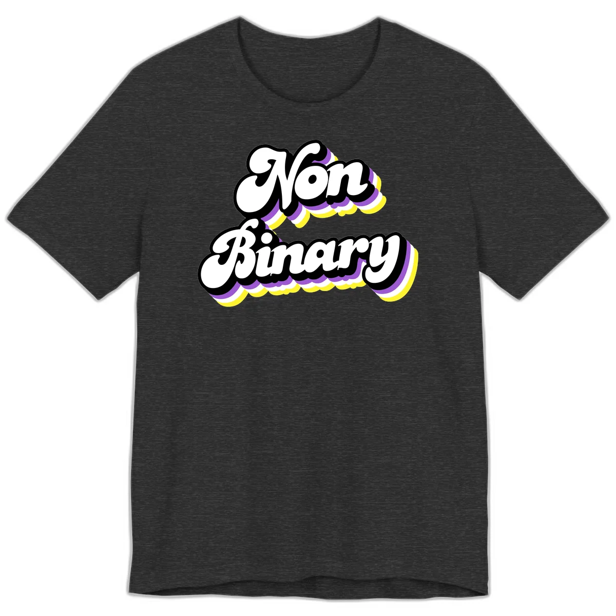 Non-binary pride cloud design with bold white lettering outlined in black and purple-yellow striped cloud shapes. in Dark Grey Heather