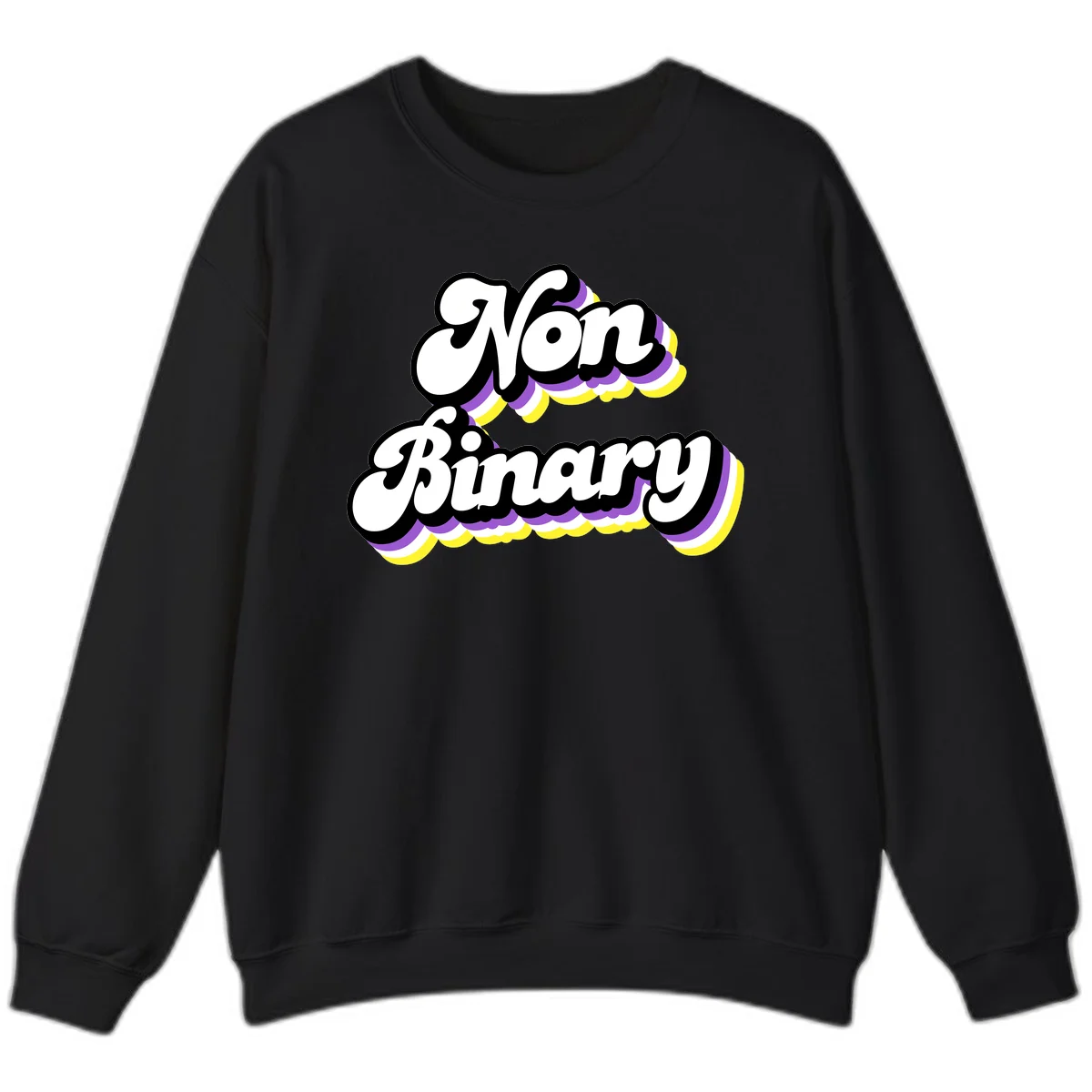 Non-binary pride cloud design with bold white lettering outlined in black and purple-yellow striped cloud shapes. in Black