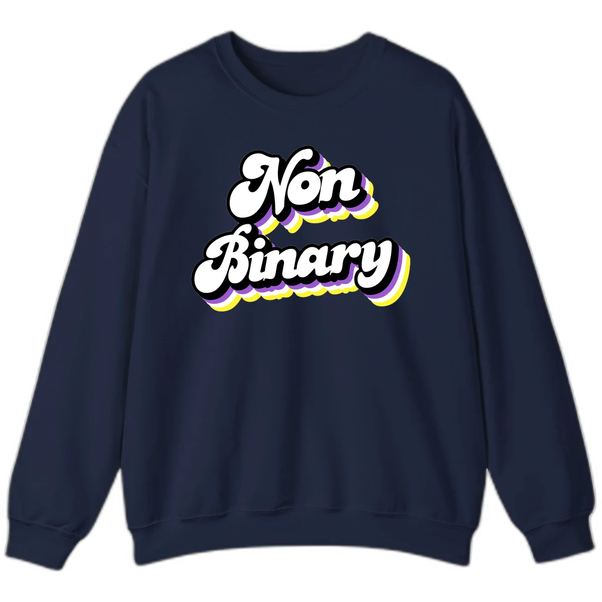 Non-binary pride cloud design with bold white lettering outlined in black and purple-yellow striped cloud shapes. in Navy