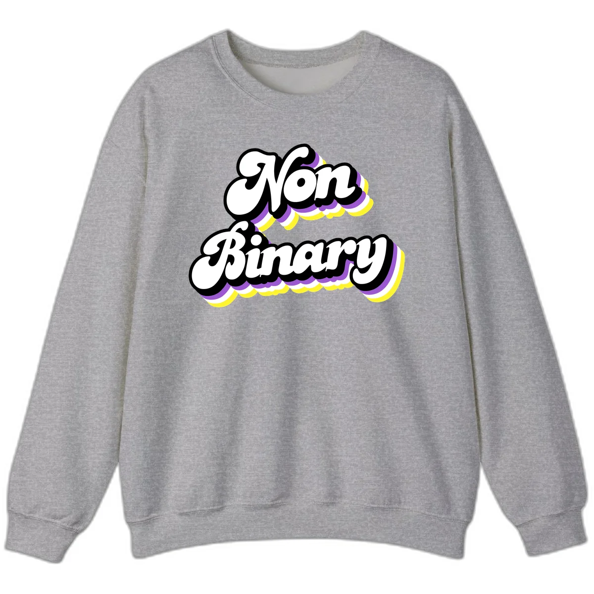 Non-binary pride cloud design with bold white lettering outlined in black and purple-yellow striped cloud shapes. in Sport Grey