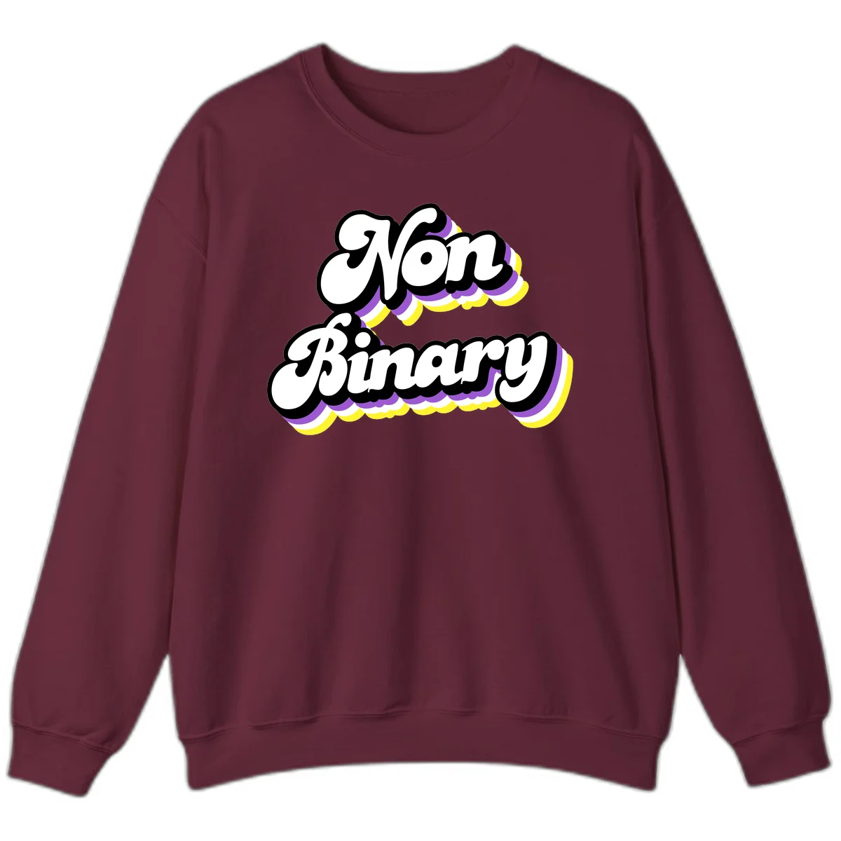 Non-binary pride cloud design with bold white lettering outlined in black and purple-yellow striped cloud shapes. in Maroon
