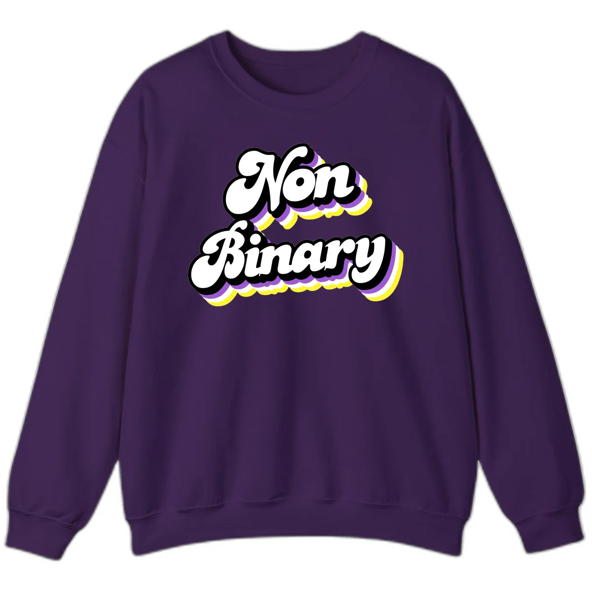 Non-binary pride cloud design with bold white lettering outlined in black and purple-yellow striped cloud shapes. in Purple