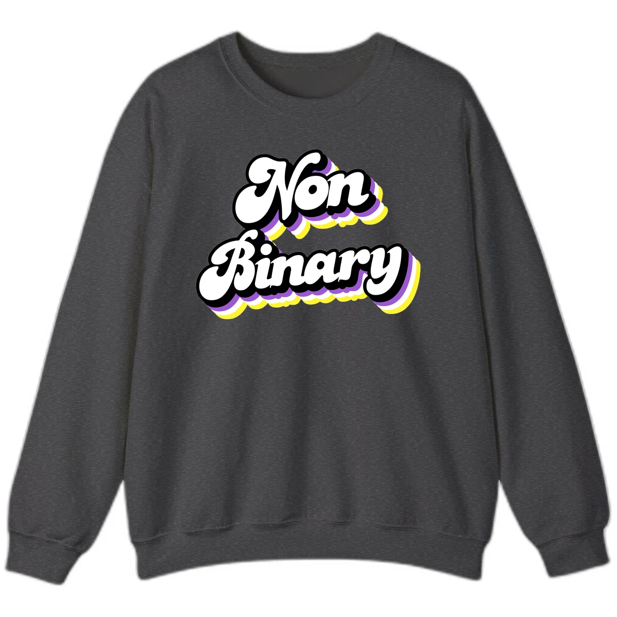 Non-binary pride cloud design with bold white lettering outlined in black and purple-yellow striped cloud shapes. in Dark Heather