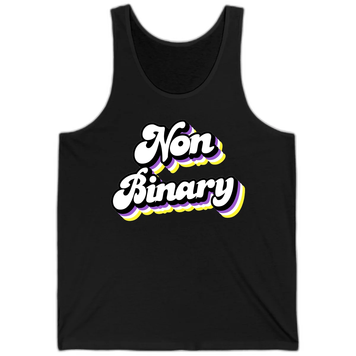 Non-binary pride cloud design with bold white lettering outlined in black and purple-yellow striped cloud shapes. in Black