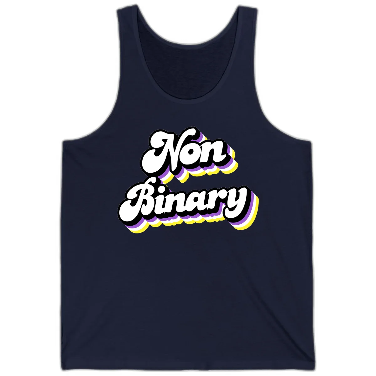 Non-binary pride cloud design with bold white lettering outlined in black and purple-yellow striped cloud shapes. in Navy