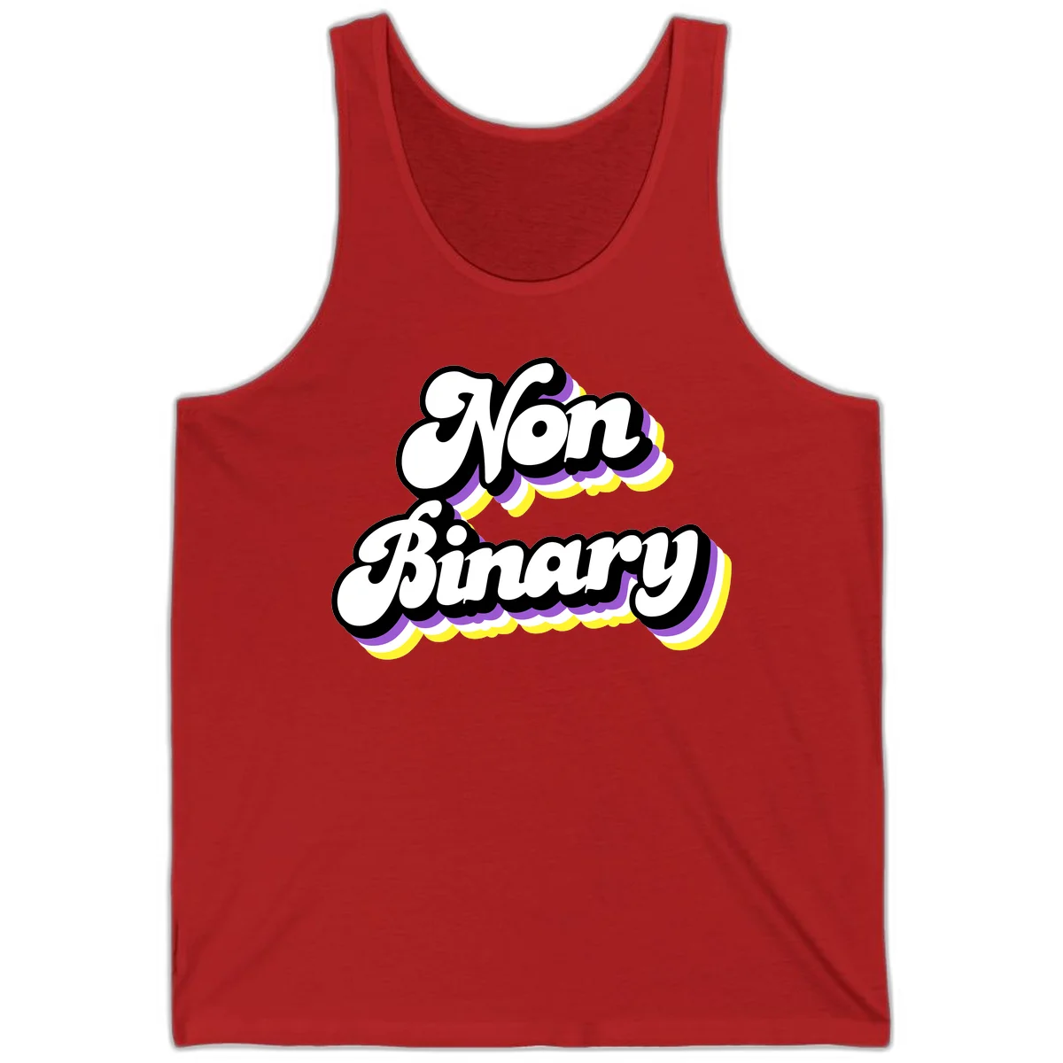 Non-binary pride cloud design with bold white lettering outlined in black and purple-yellow striped cloud shapes. in Red