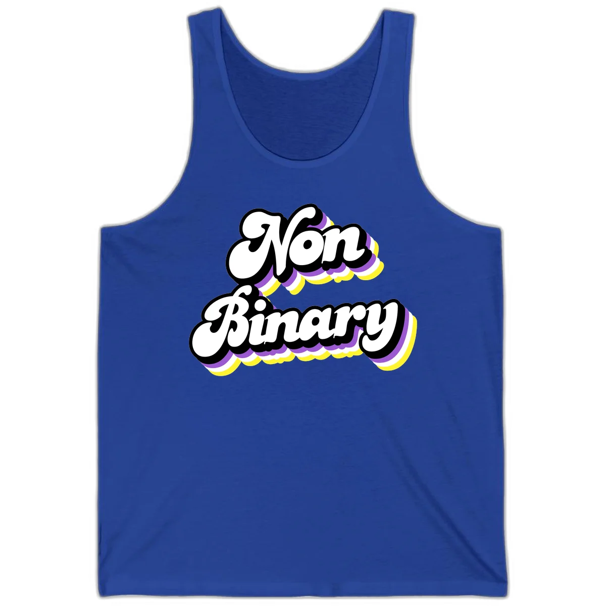 Non-binary pride cloud design with bold white lettering outlined in black and purple-yellow striped cloud shapes. in True Royal