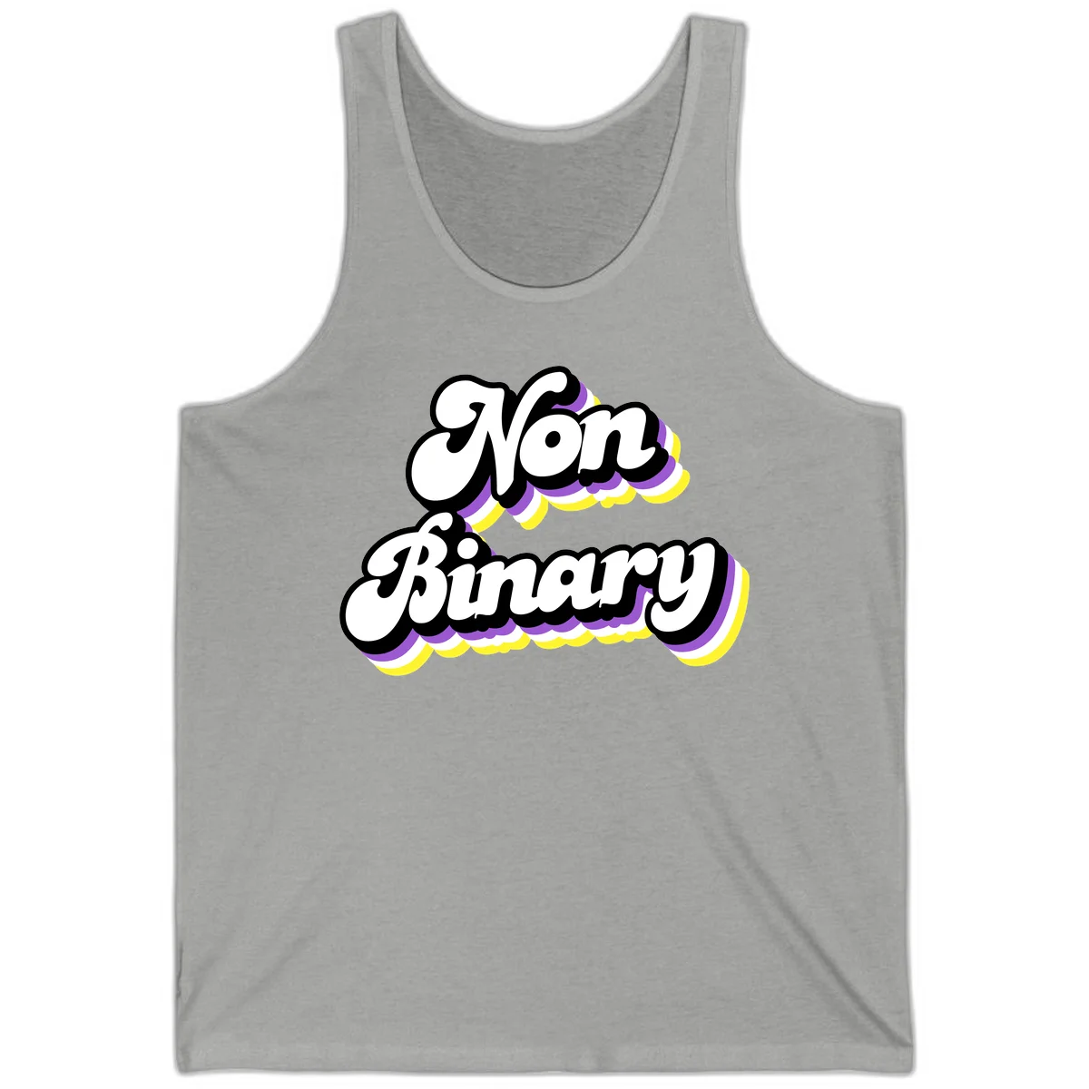 Non-binary pride cloud design with bold white lettering outlined in black and purple-yellow striped cloud shapes. in Athletic Heather