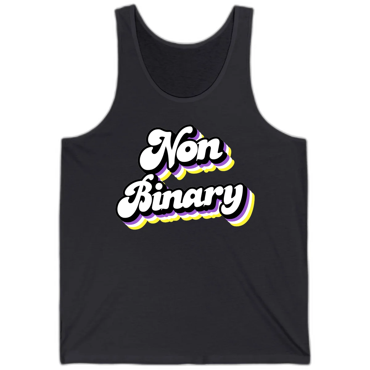 Non-binary pride cloud design with bold white lettering outlined in black and purple-yellow striped cloud shapes. in Dark Grey