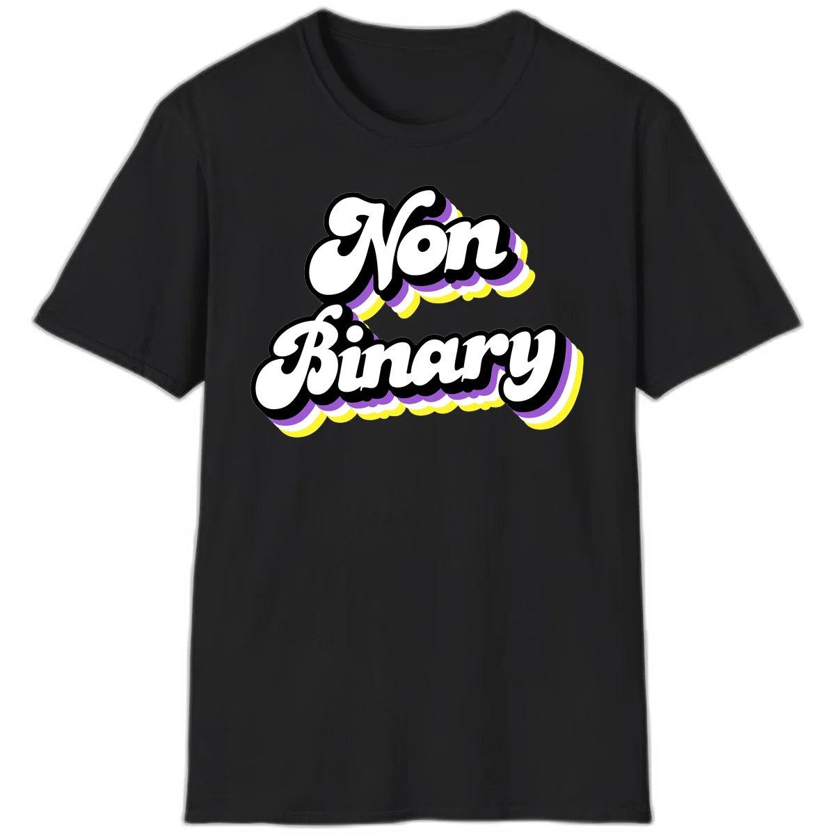 Non-binary pride cloud design with bold white lettering outlined in black and purple-yellow striped cloud shapes. in Black