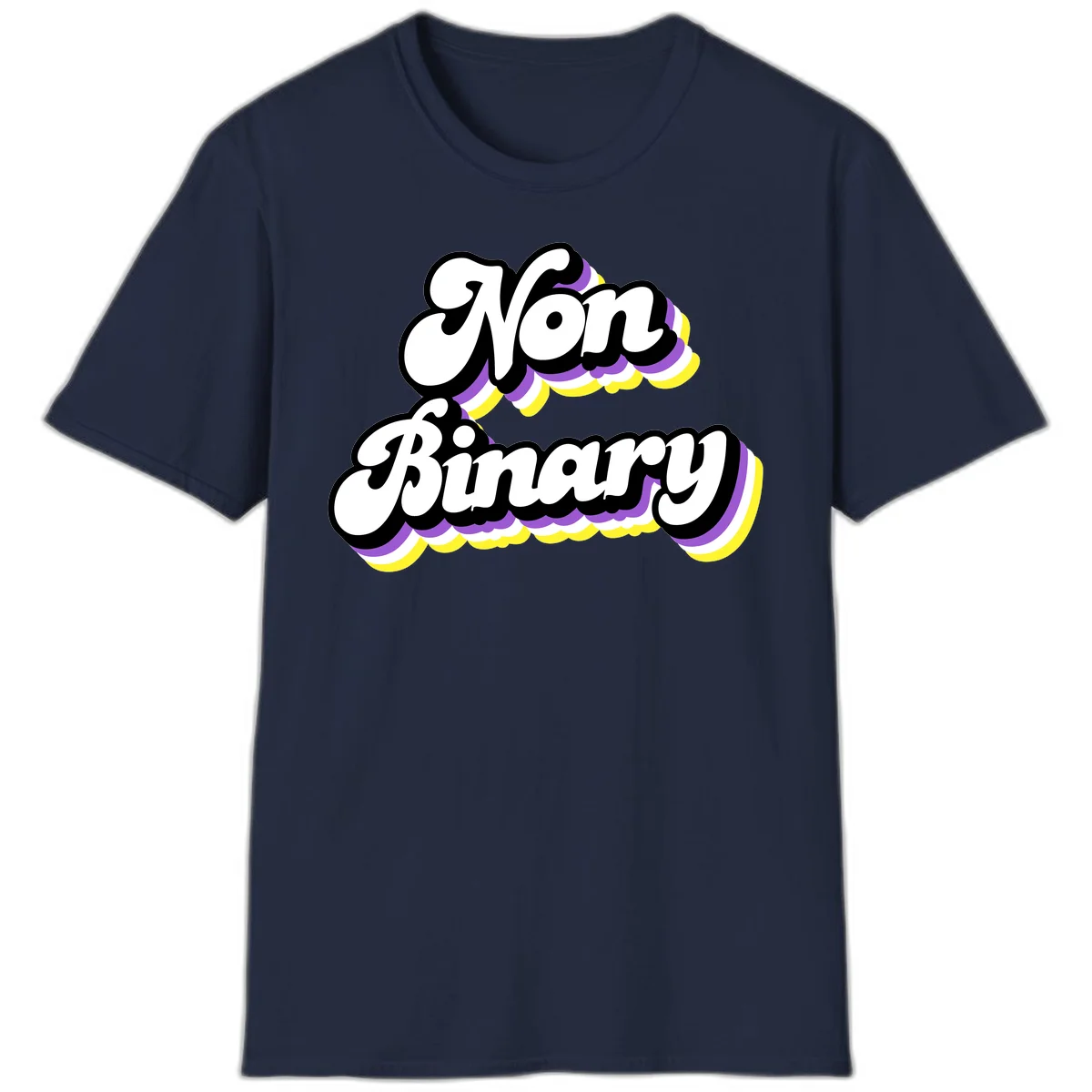 Non-binary pride cloud design with bold white lettering outlined in black and purple-yellow striped cloud shapes. in Navy