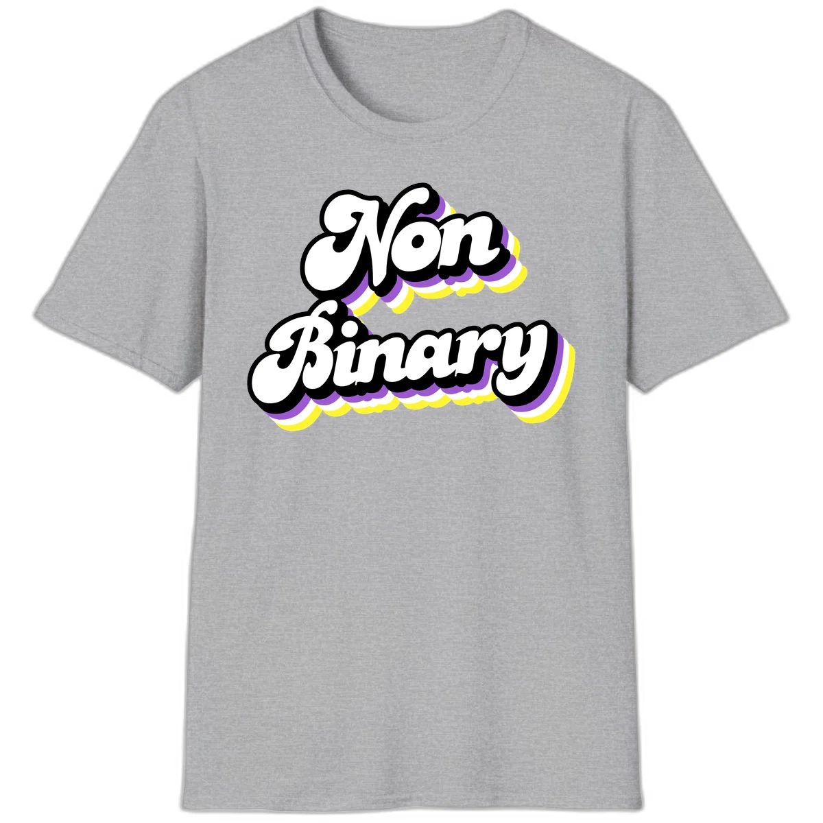 Non-binary pride cloud design with bold white lettering outlined in black and purple-yellow striped cloud shapes. in Sport Grey