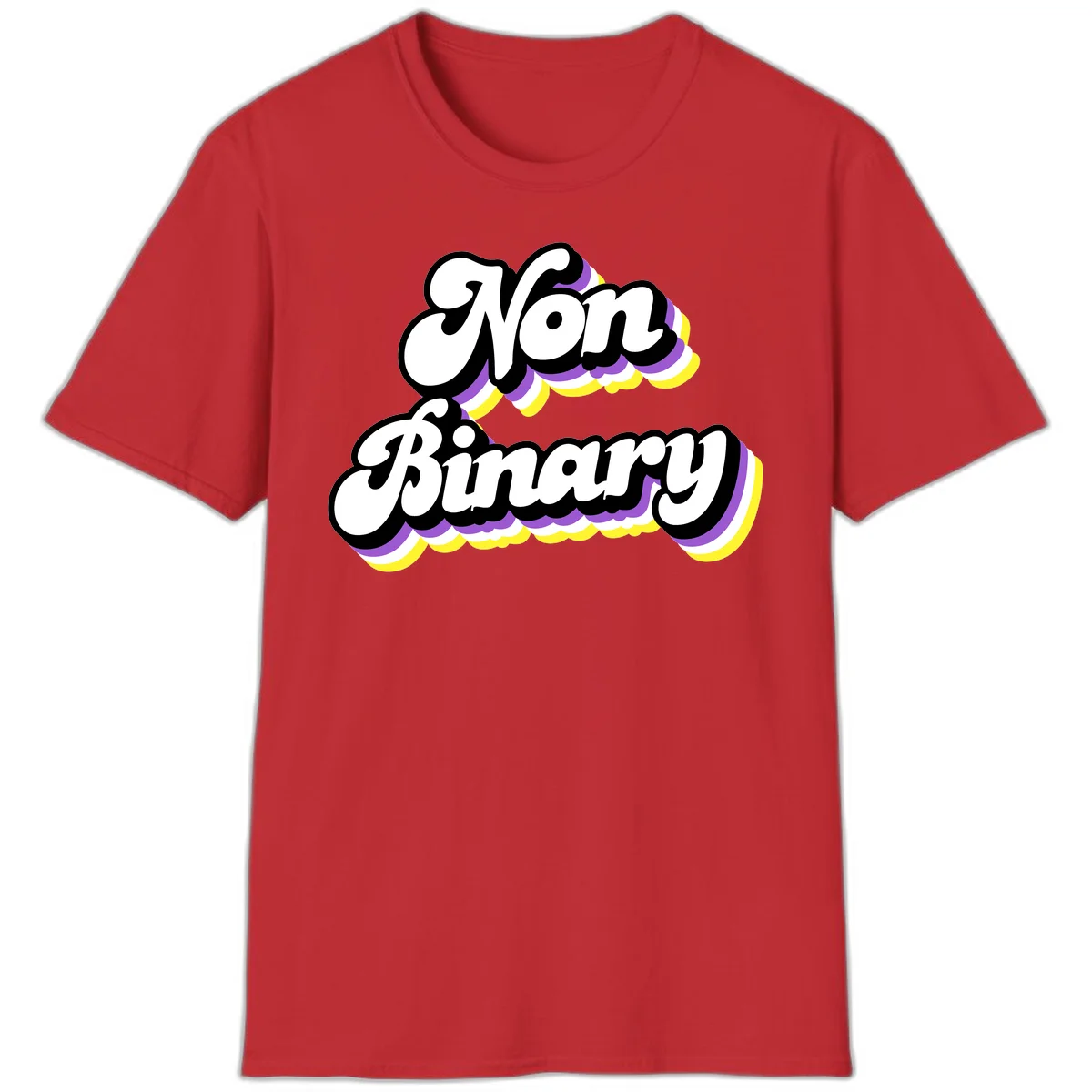 Non-binary pride cloud design with bold white lettering outlined in black and purple-yellow striped cloud shapes. in Red