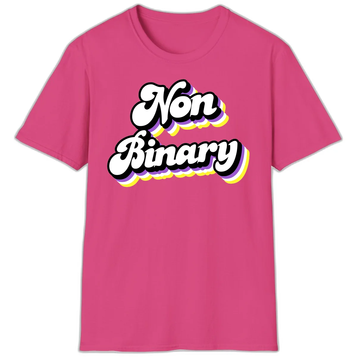 Non-binary pride cloud design with bold white lettering outlined in black and purple-yellow striped cloud shapes. in Heliconia