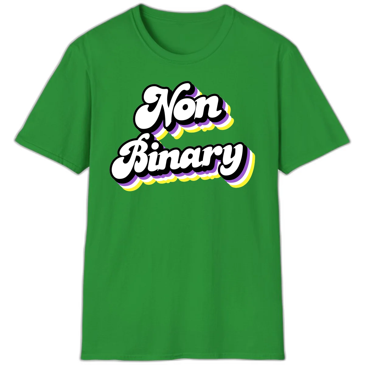 Non-binary pride cloud design with bold white lettering outlined in black and purple-yellow striped cloud shapes. in Irish Green