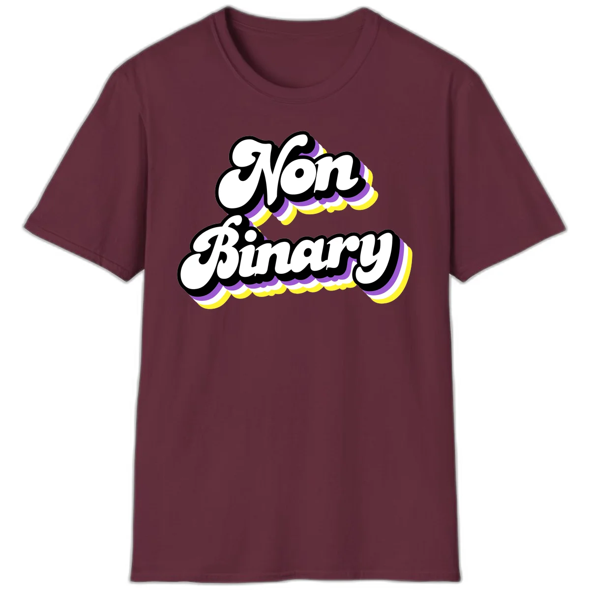 Non-binary pride cloud design with bold white lettering outlined in black and purple-yellow striped cloud shapes. in Maroon