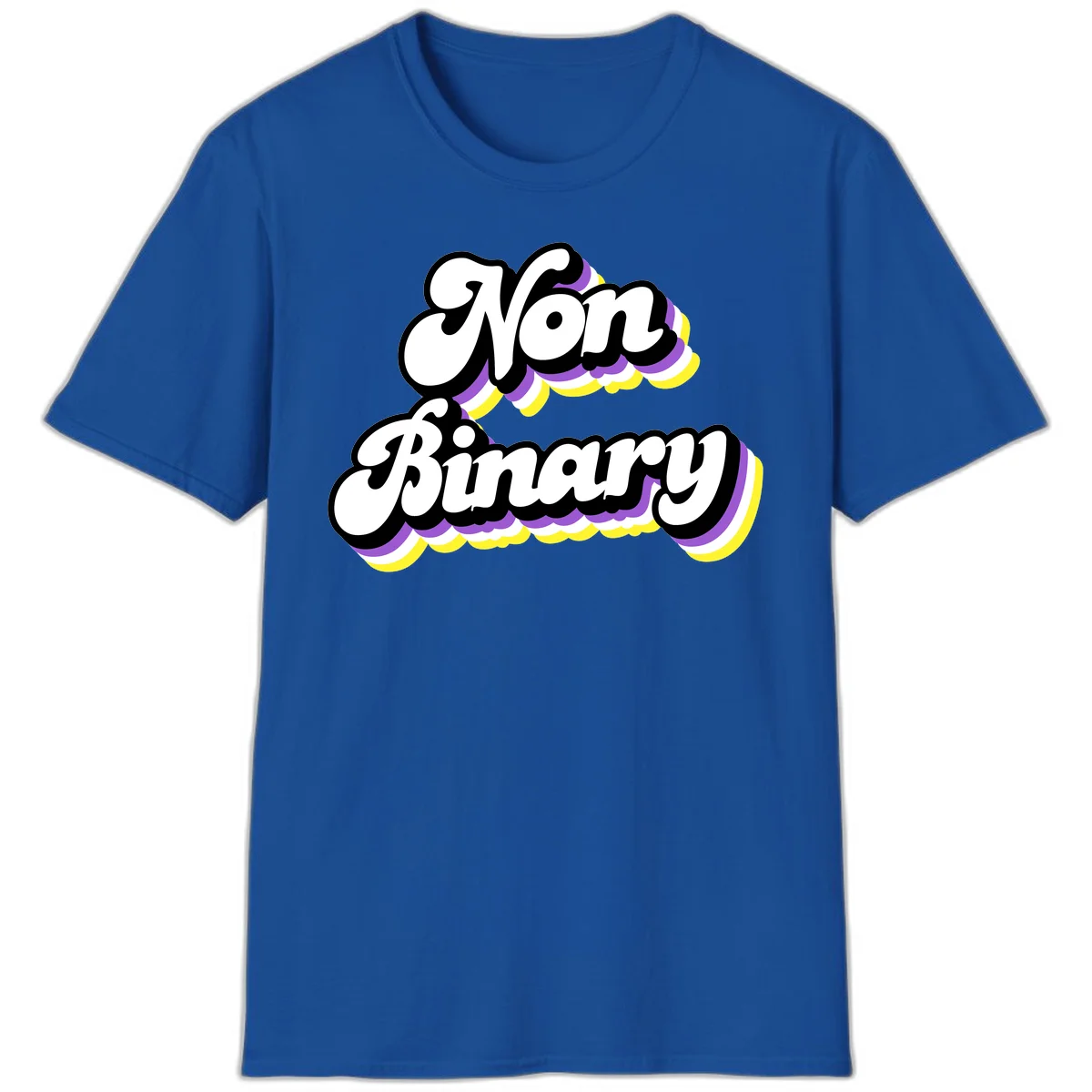Non-binary pride cloud design with bold white lettering outlined in black and purple-yellow striped cloud shapes. in Royal