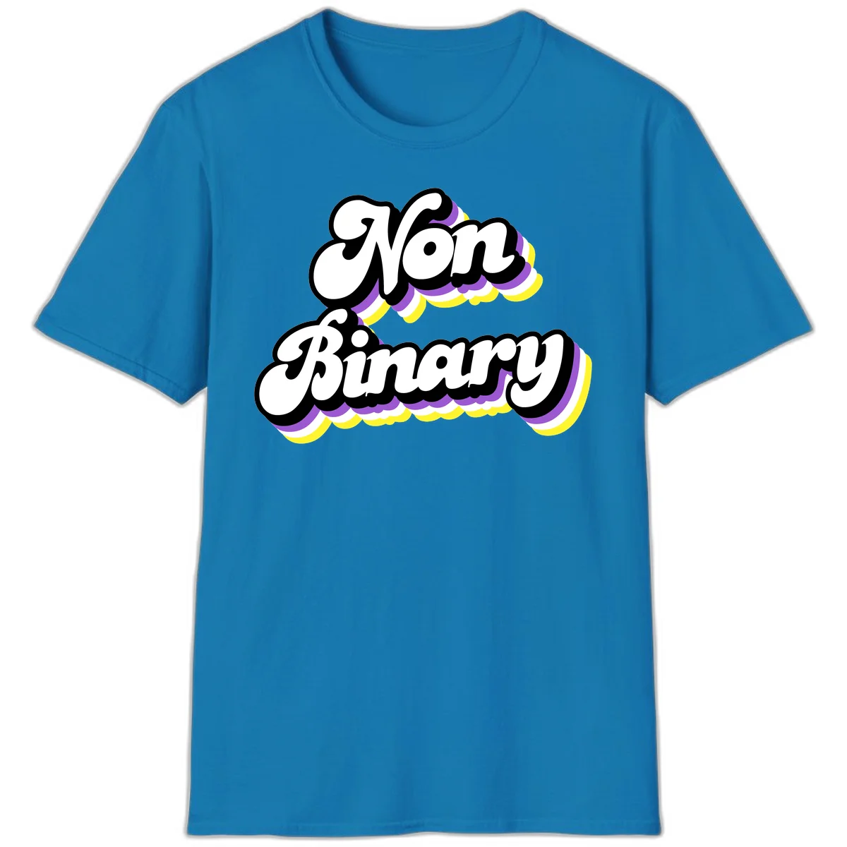 Non-binary pride cloud design with bold white lettering outlined in black and purple-yellow striped cloud shapes. in Sapphire