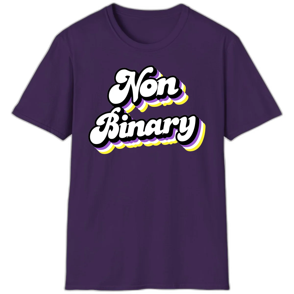 Non-binary pride cloud design with bold white lettering outlined in black and purple-yellow striped cloud shapes. in Purple
