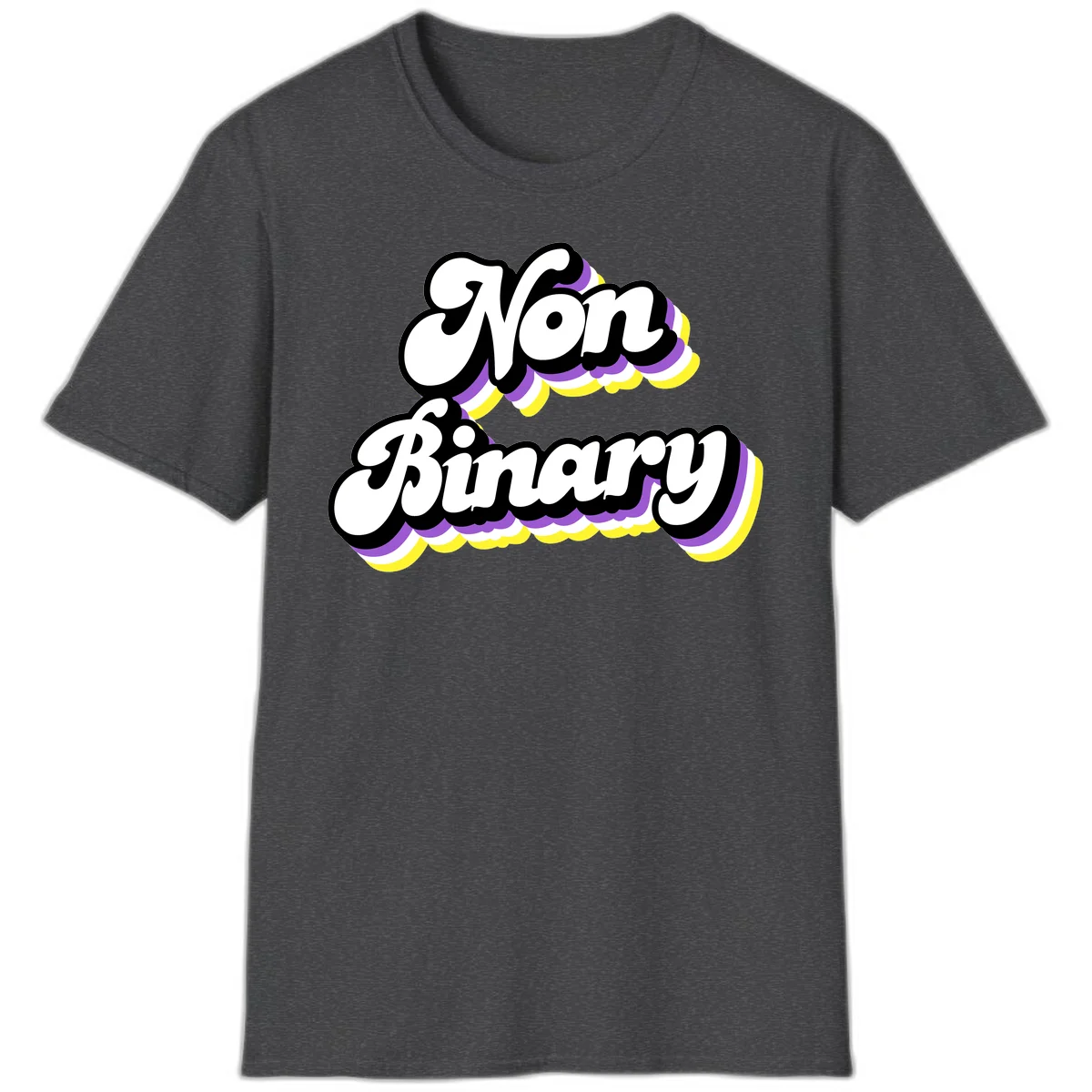 Non-binary pride cloud design with bold white lettering outlined in black and purple-yellow striped cloud shapes. in Dark Heather