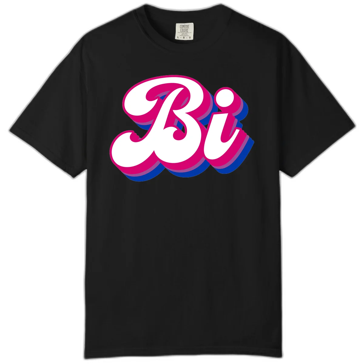 Bold pride dimensional letters design with hot pink, navy blue, and purple 3D layered typography effect in Black
