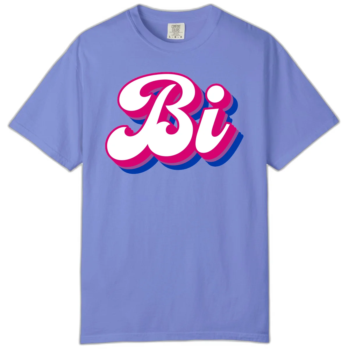 Bold pride dimensional letters design with hot pink, navy blue, and purple 3D layered typography effect in Flo Blue