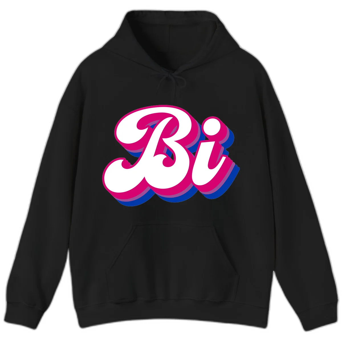 Bold pride dimensional letters design with hot pink, navy blue, and purple 3D layered typography effect in Black