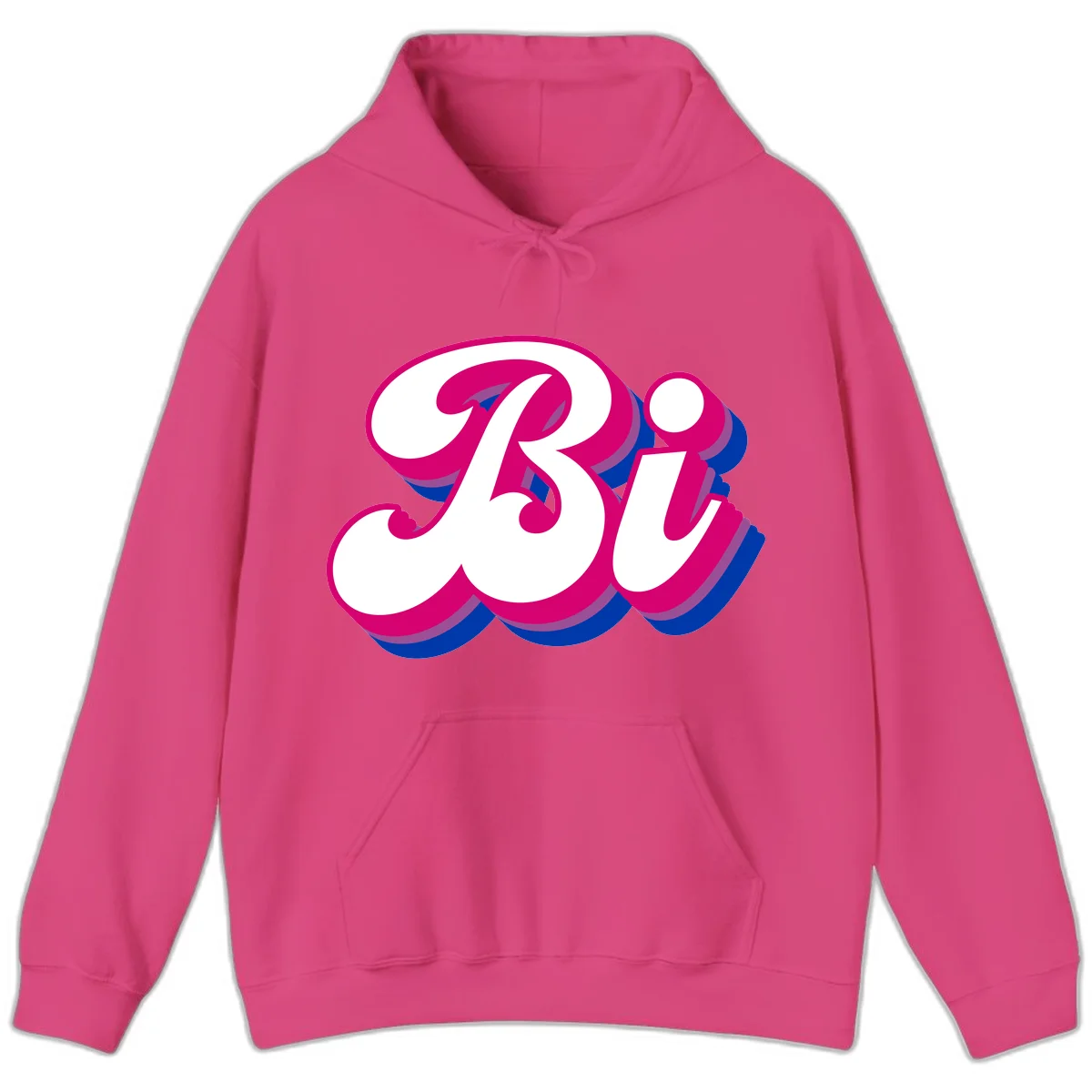 Bold pride dimensional letters design with hot pink, navy blue, and purple 3D layered typography effect in Heliconia