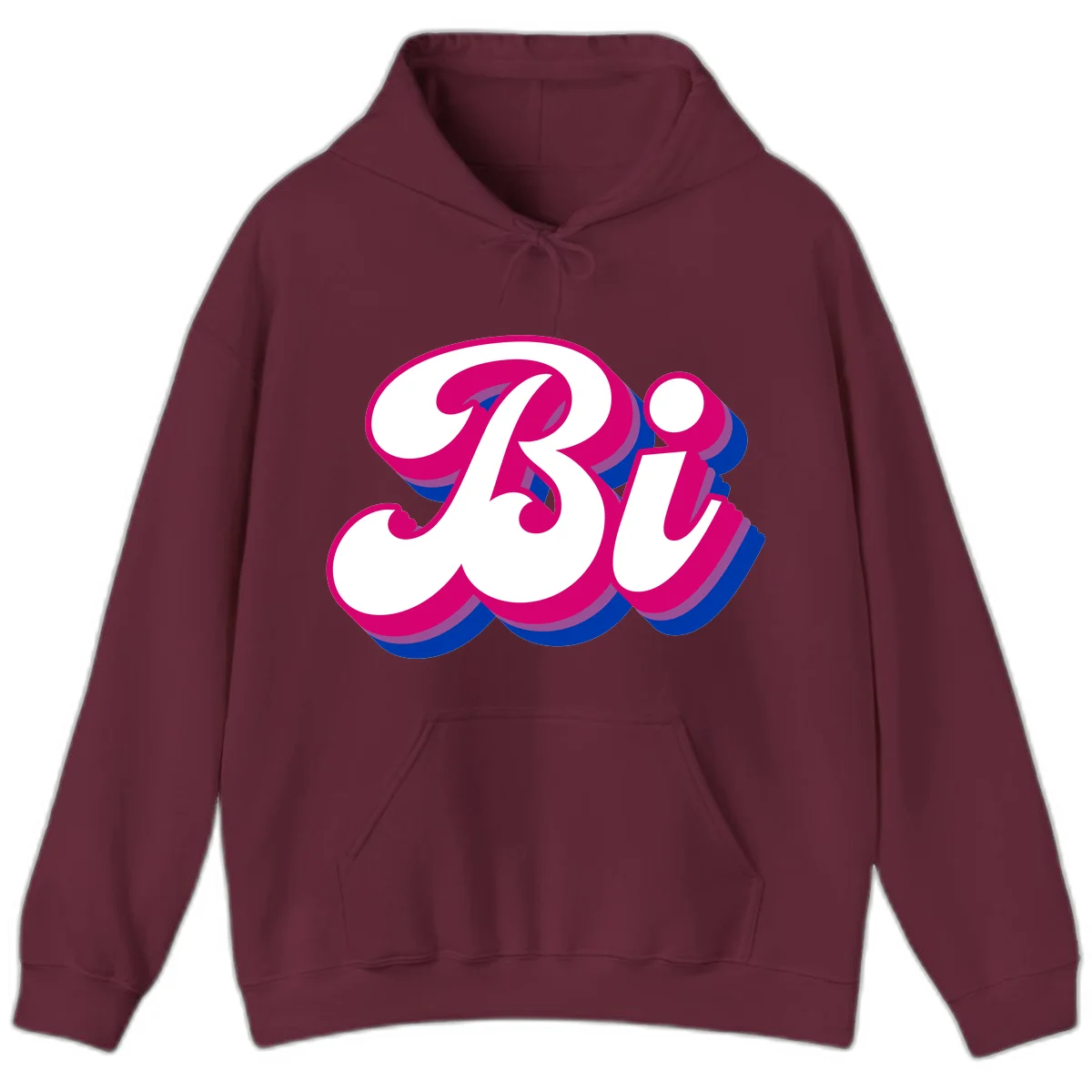 Bold pride dimensional letters design with hot pink, navy blue, and purple 3D layered typography effect in Maroon