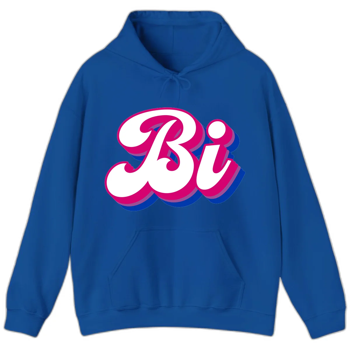 Bold pride dimensional letters design with hot pink, navy blue, and purple 3D layered typography effect in Royal