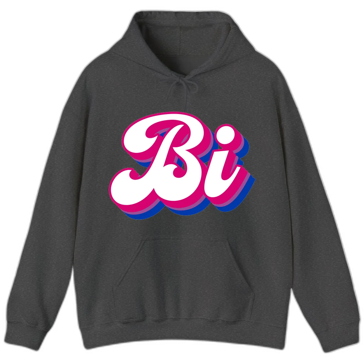 Bold pride dimensional letters design with hot pink, navy blue, and purple 3D layered typography effect in Dark Heather