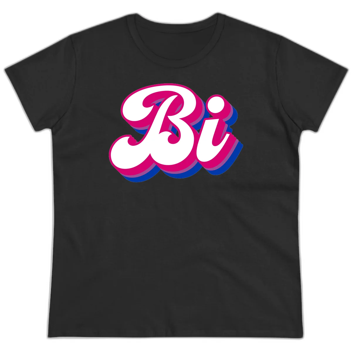 Bold pride dimensional letters design with hot pink, navy blue, and purple 3D layered typography effect in Black