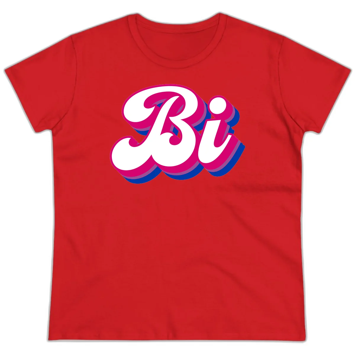 Bold pride dimensional letters design with hot pink, navy blue, and purple 3D layered typography effect in Red