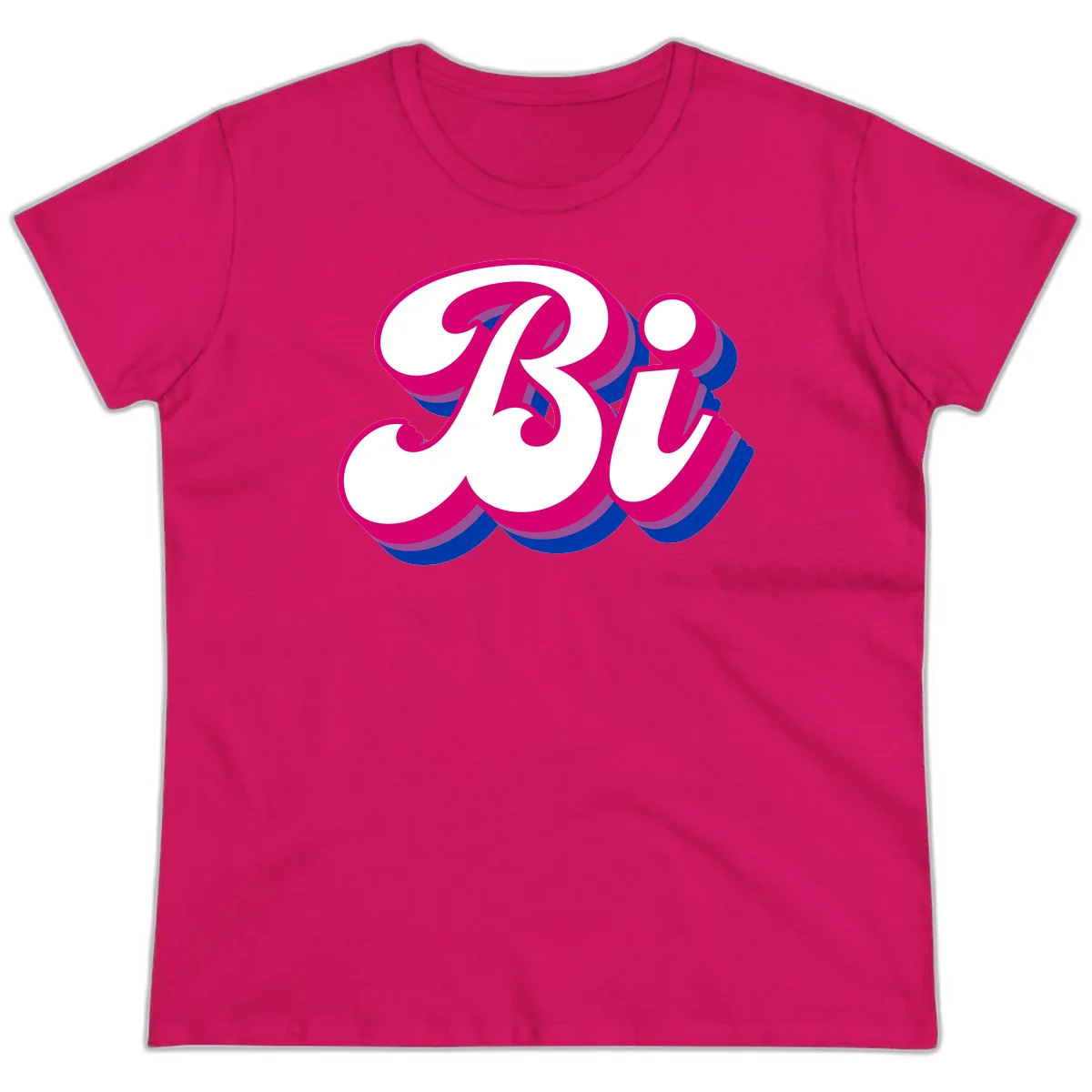 Bold pride dimensional letters design with hot pink, navy blue, and purple 3D layered typography effect in Heliconia