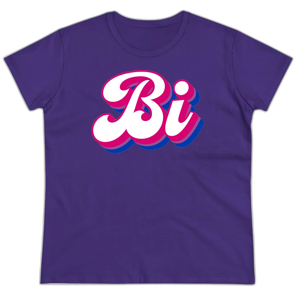 Bold pride dimensional letters design with hot pink, navy blue, and purple 3D layered typography effect in Purple