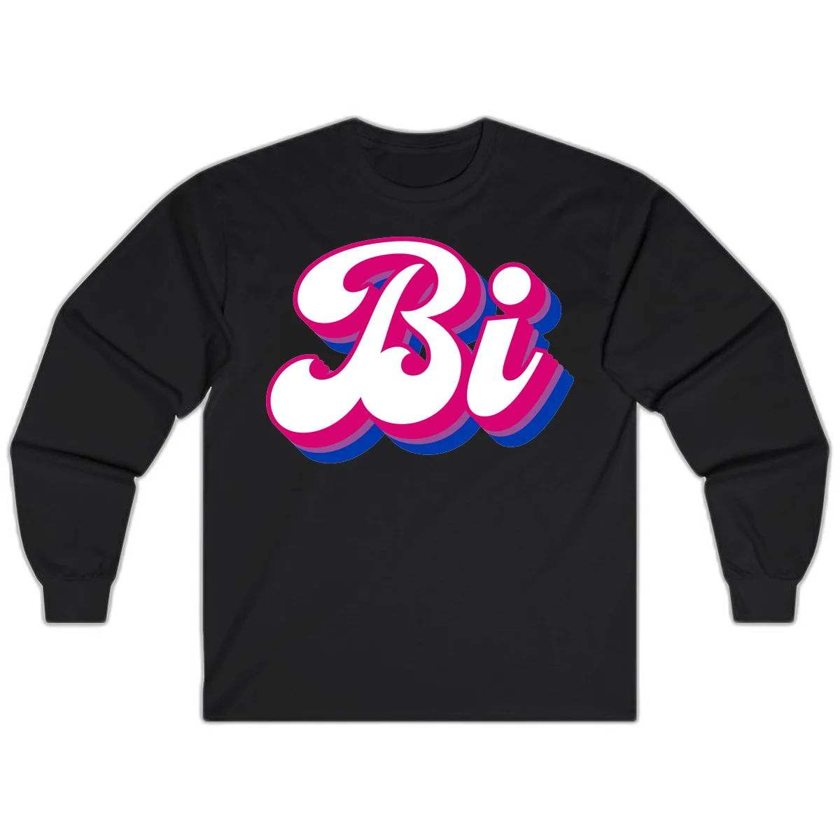 Bold pride dimensional letters design with hot pink, navy blue, and purple 3D layered typography effect in Black