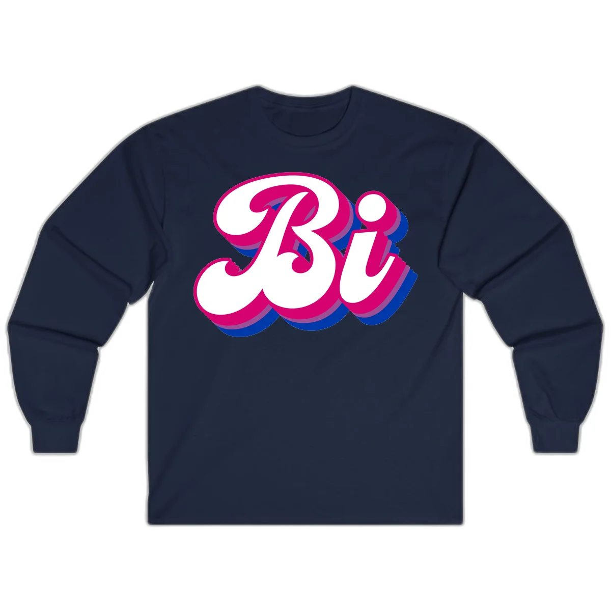 Bold pride dimensional letters design with hot pink, navy blue, and purple 3D layered typography effect in Navy