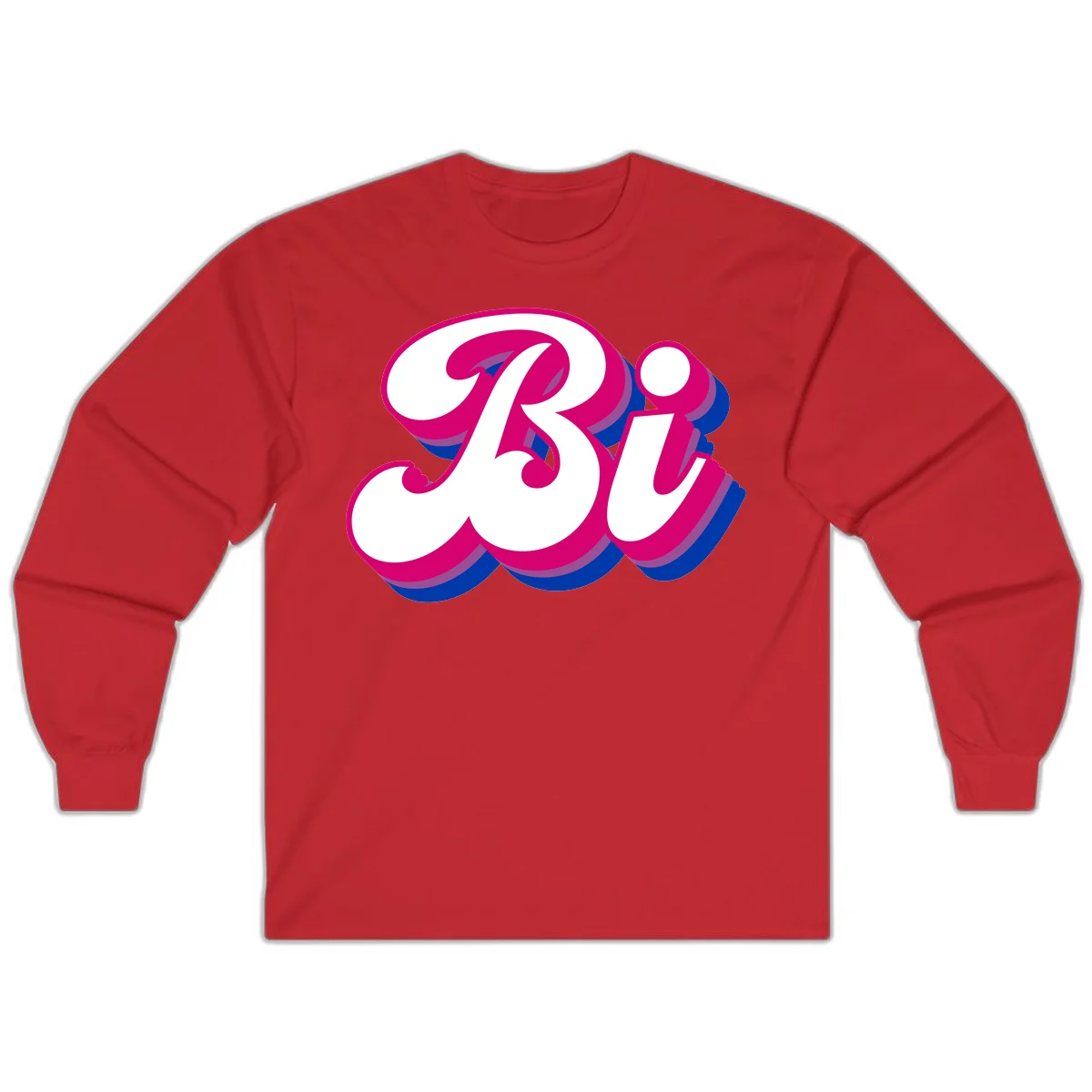 Bold pride dimensional letters design with hot pink, navy blue, and purple 3D layered typography effect in Red